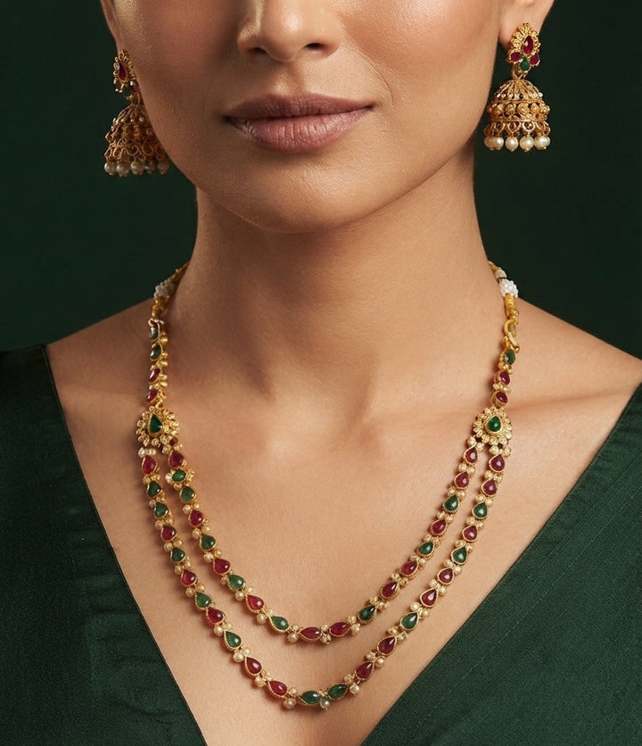 Gold-Toned Multicolor Stone Layered Necklace with Earrings Jewellery Set