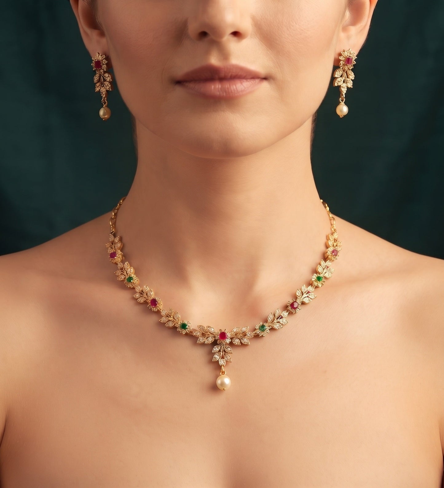 Gold Plated Diamond With fancy Rubby Jewellery Set