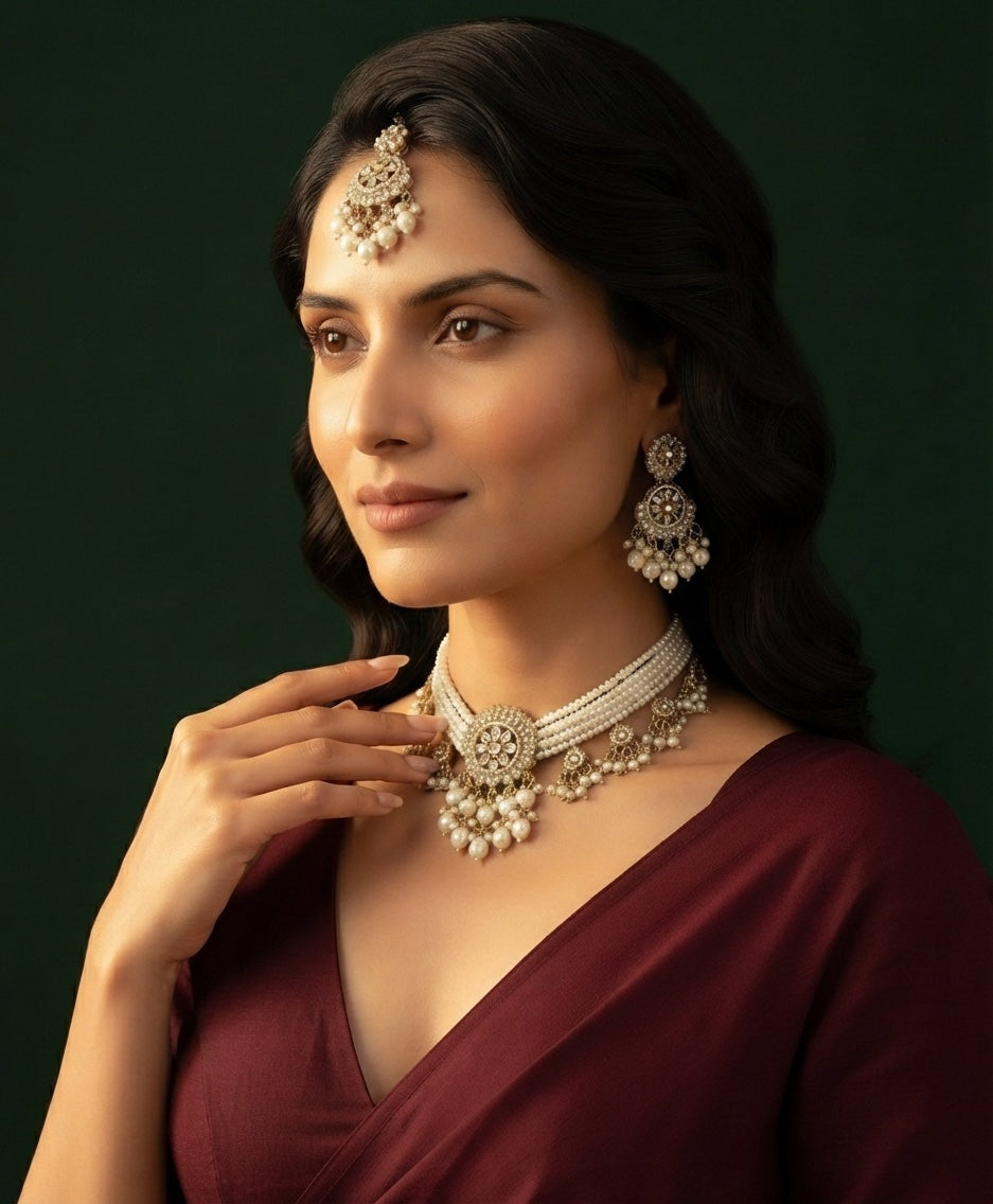 Gold Plated Kundan Beaded Jewellery Set With Mang Tikka