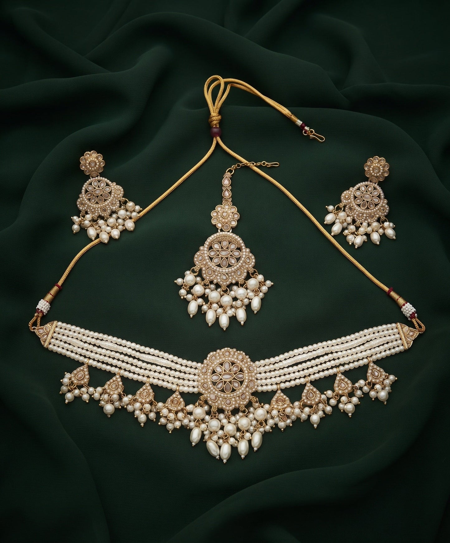 Gold Plated Kundan Beaded Jewellery Set With Mang Tikka