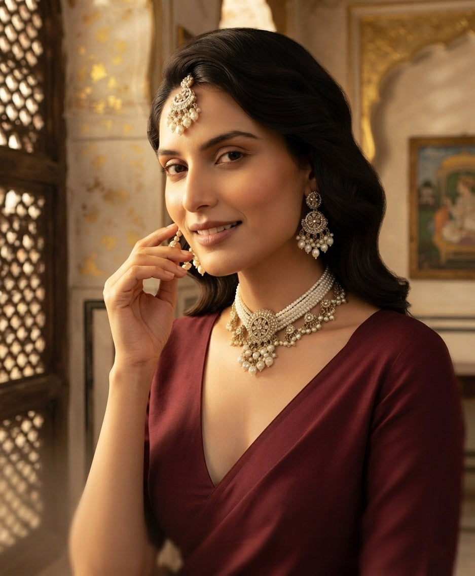 Gold Plated Kundan Beaded Jewellery Set With Mang Tikka