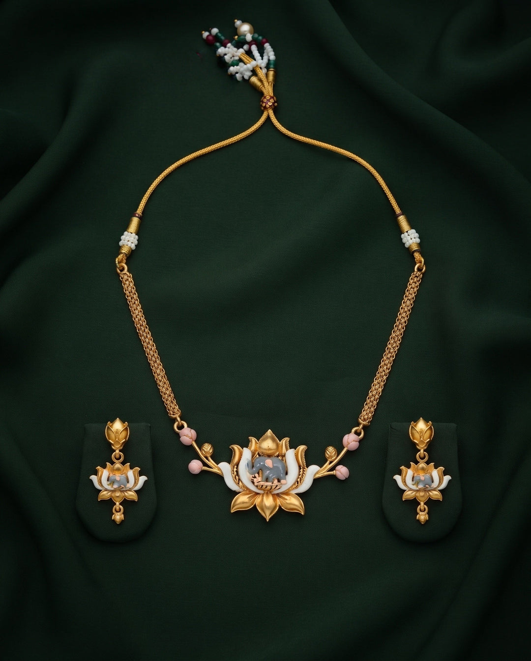 Gold-Toned Lotus Design Necklace with Earrings Jewellery Set