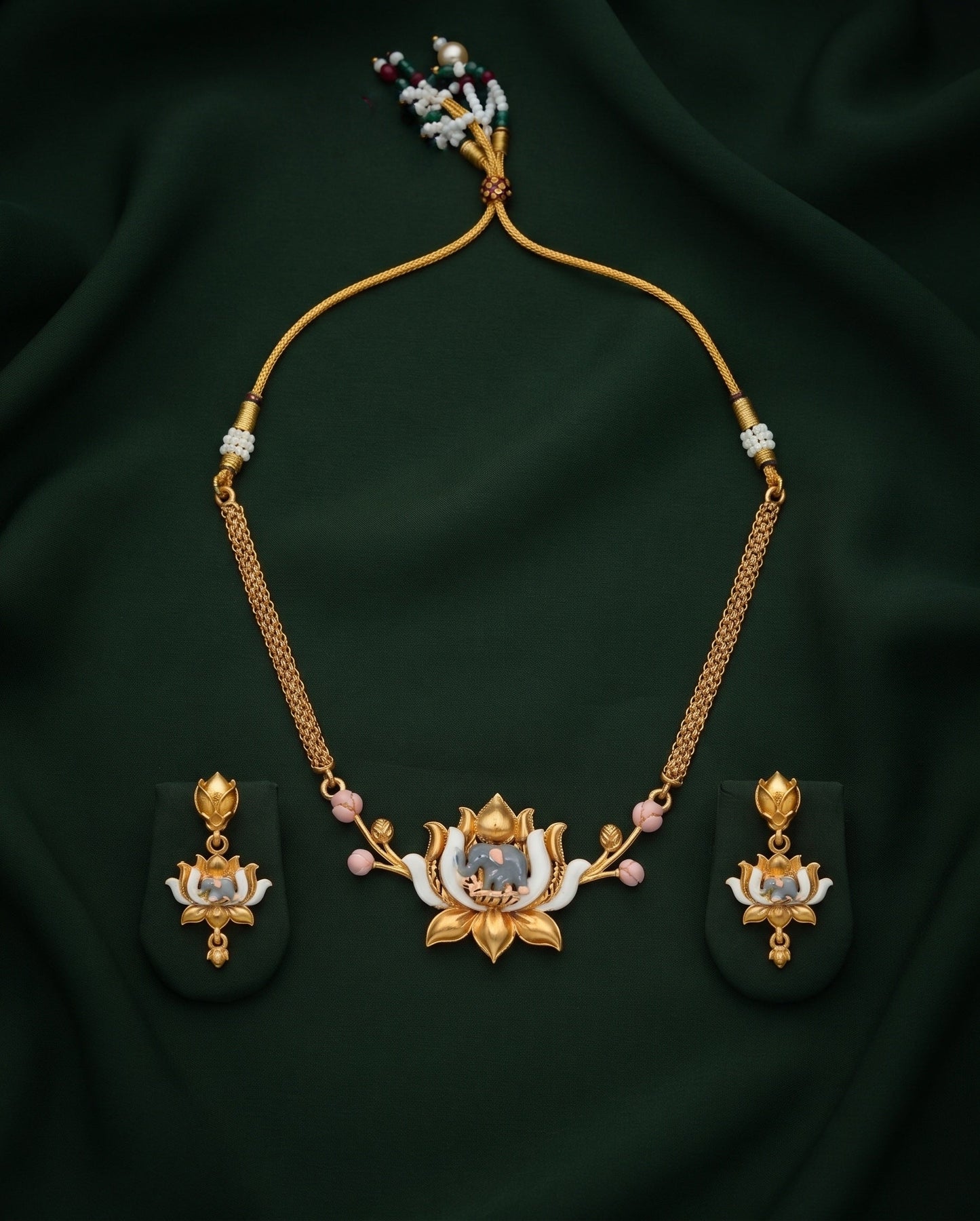 Gold-Toned Lotus Design Necklace with Earrings Jewellery Set