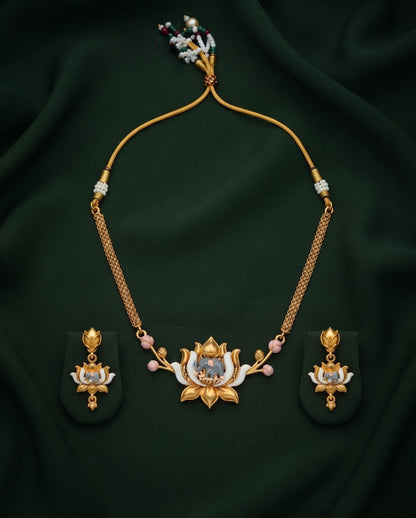 Gold-Toned Lotus Design Necklace with Earrings Jewellery Set