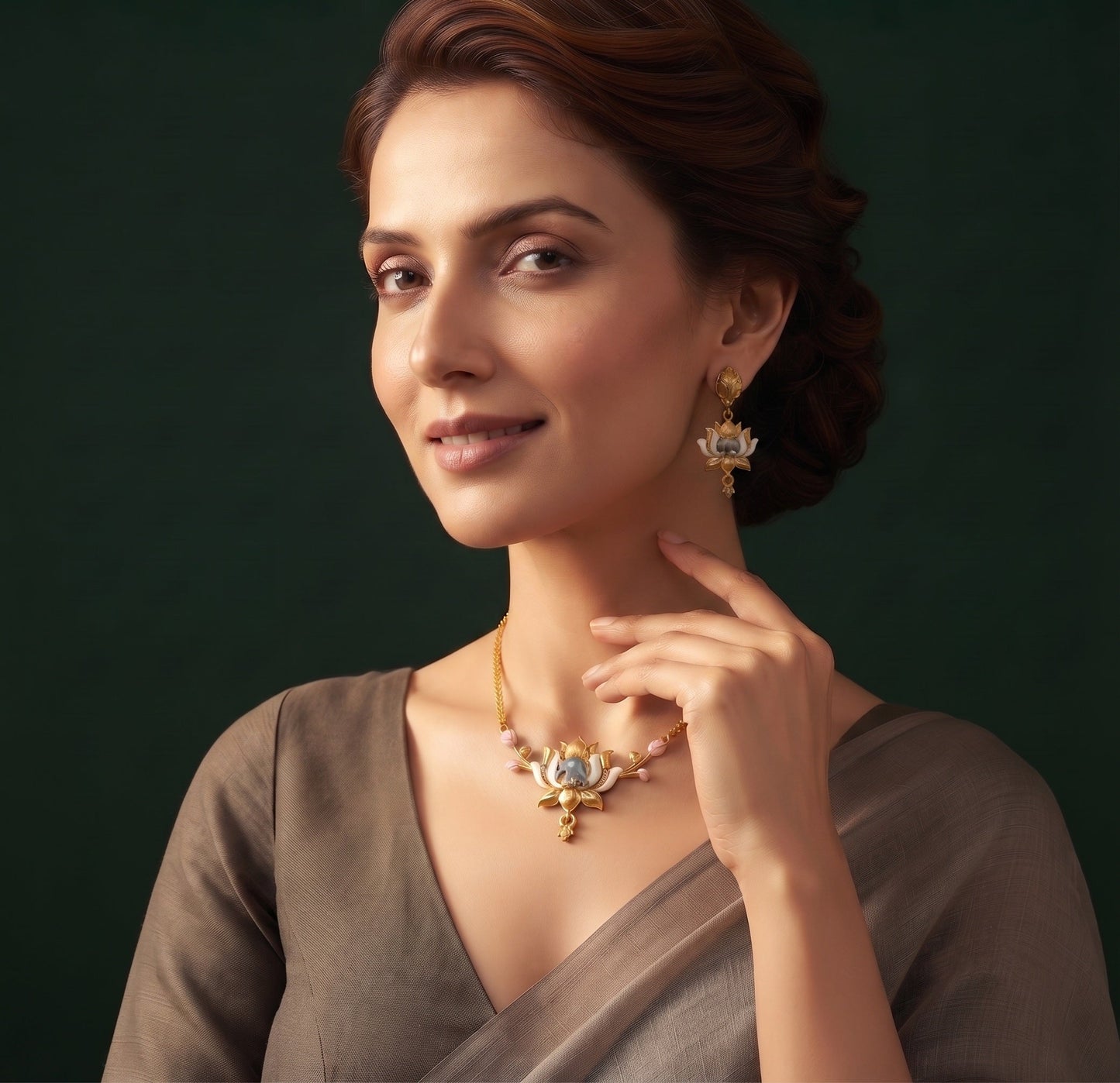 Gold-Toned Lotus Design Necklace with Earrings Jewellery Set