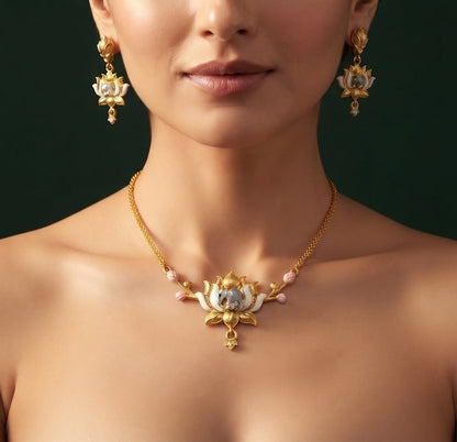 Gold-Toned Lotus Design Necklace with Earrings Jewellery Set
