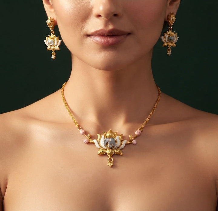 Gold-Toned Lotus Design Necklace with Earrings Jewellery Set