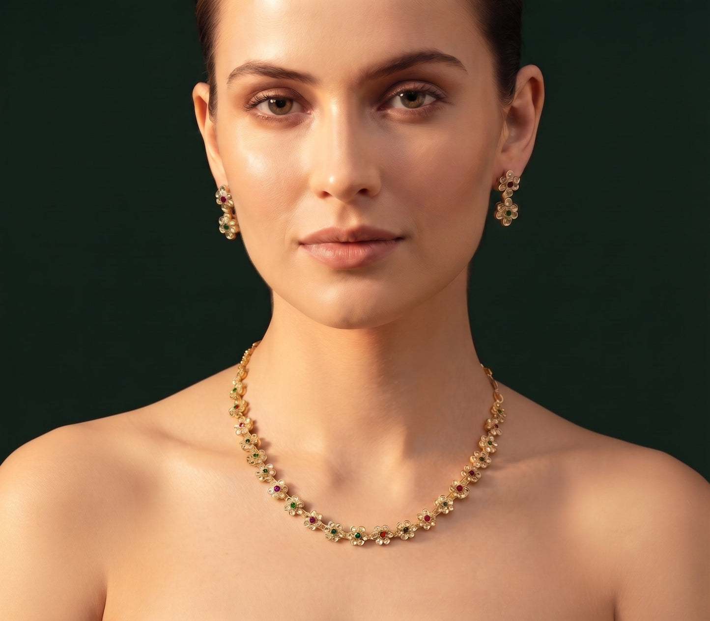 Gold-Toned Minimal Necklace with Earrings Jewellery Set