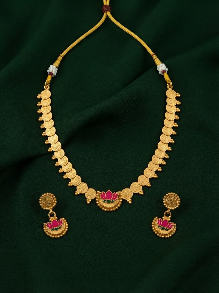 Gold-Toned Coin with Lotus Pendant & Earrings Jewellery Set