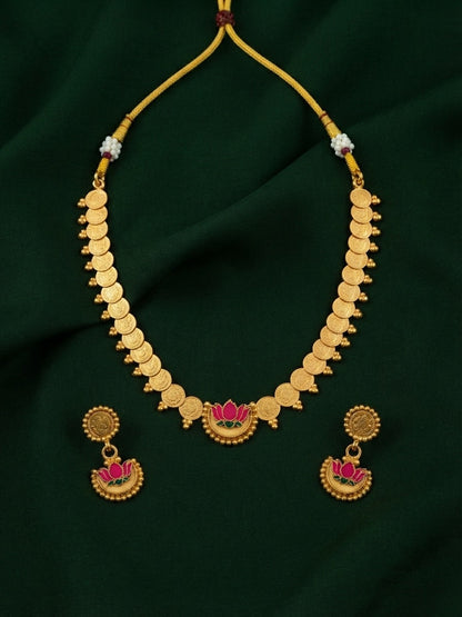 Gold-Toned Coin with Lotus Pendant & Earrings Jewellery Set