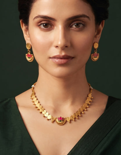 Gold-Toned Coin with Lotus Pendant & Earrings Jewellery Set