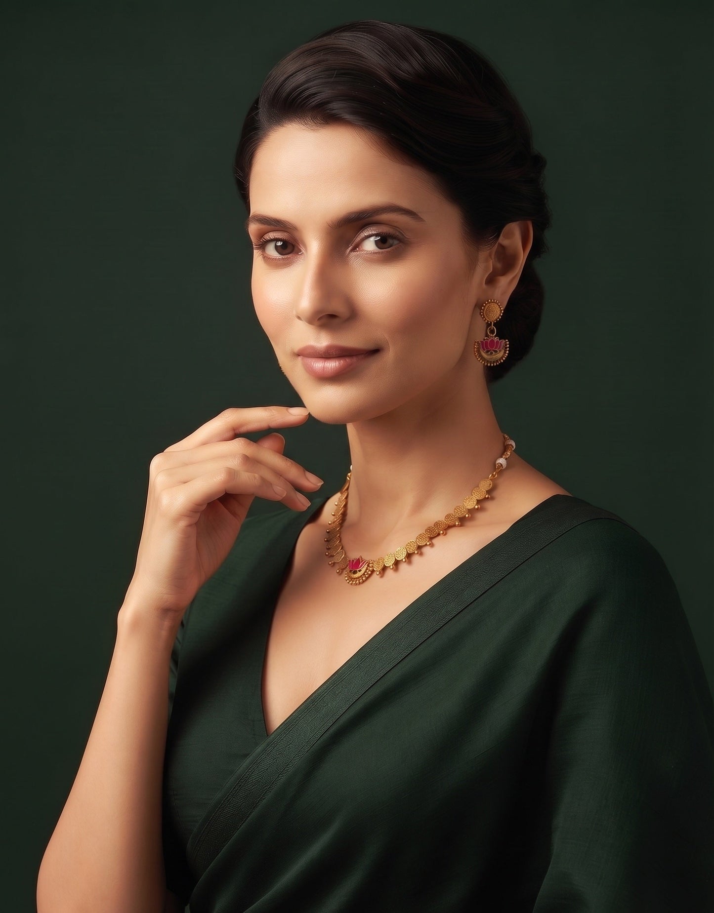 Gold-Toned Coin with Lotus Pendant & Earrings Jewellery Set