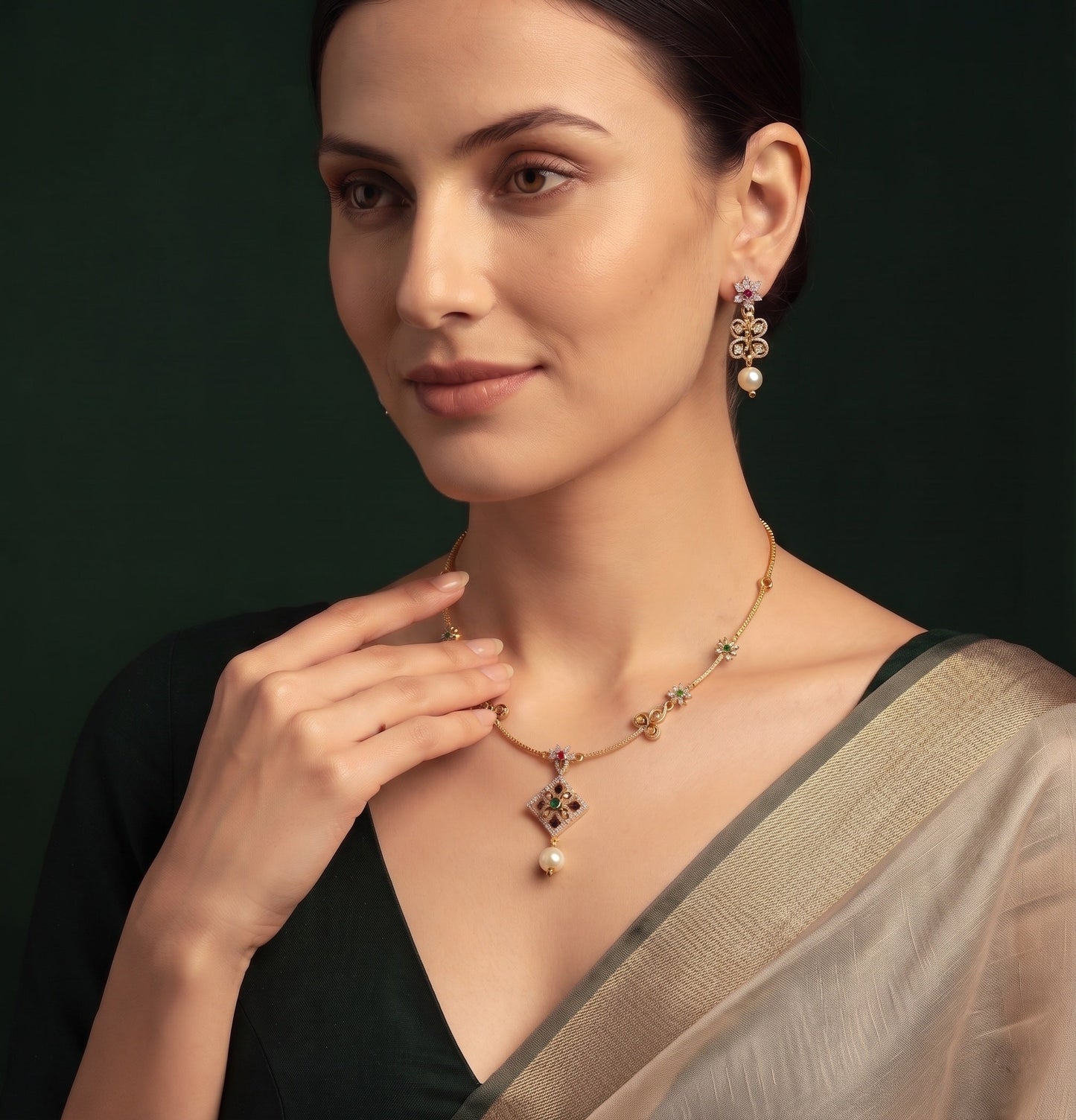 Gold-Toned Minimal Deign AD Stone Jewellery Set