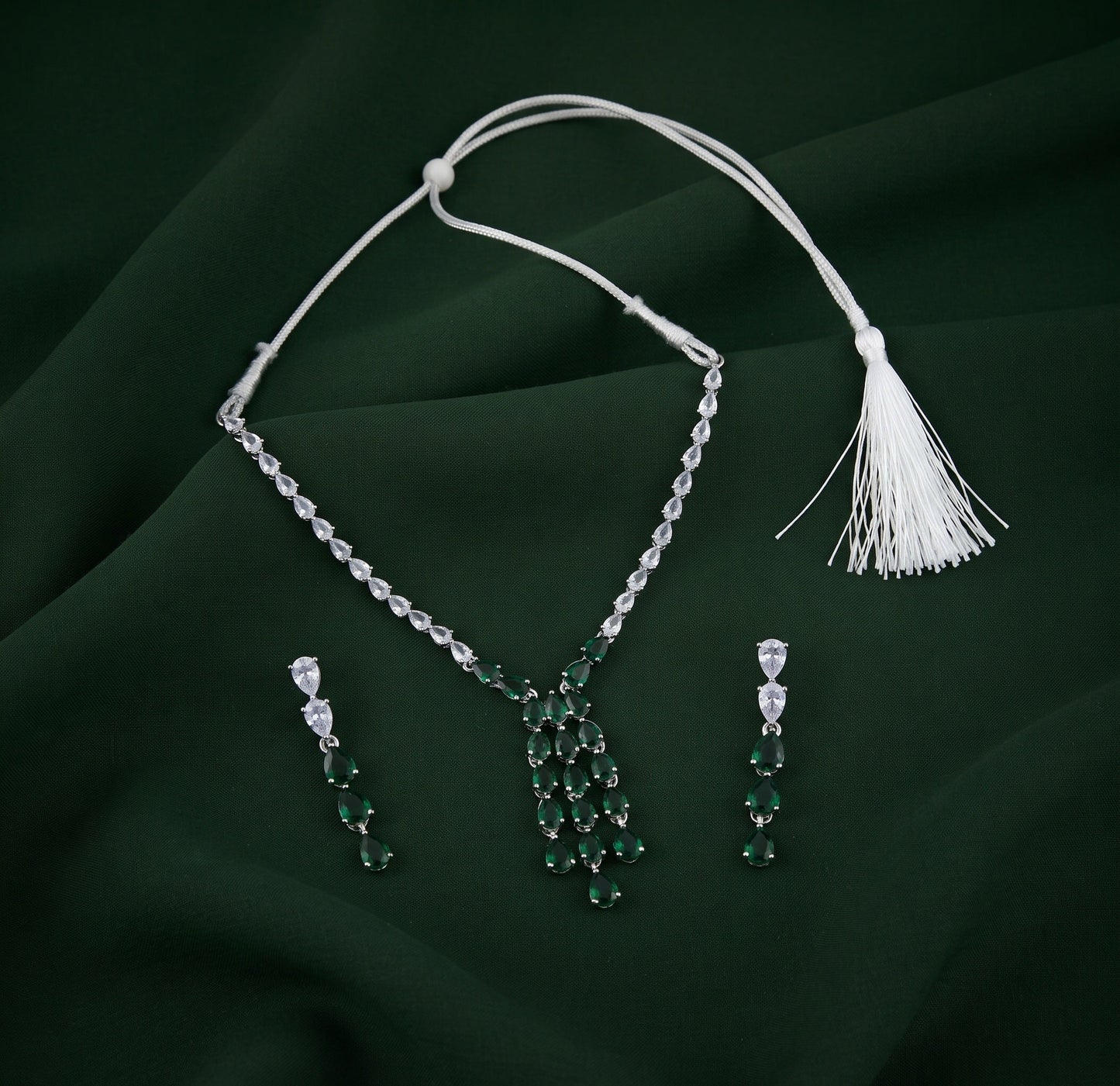 Silver Plated American Diamond With Green Ston Jewellery Set