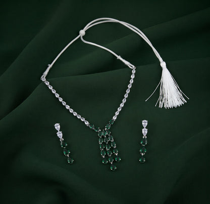 Silver Plated American Diamond With Green Ston Jewellery Set