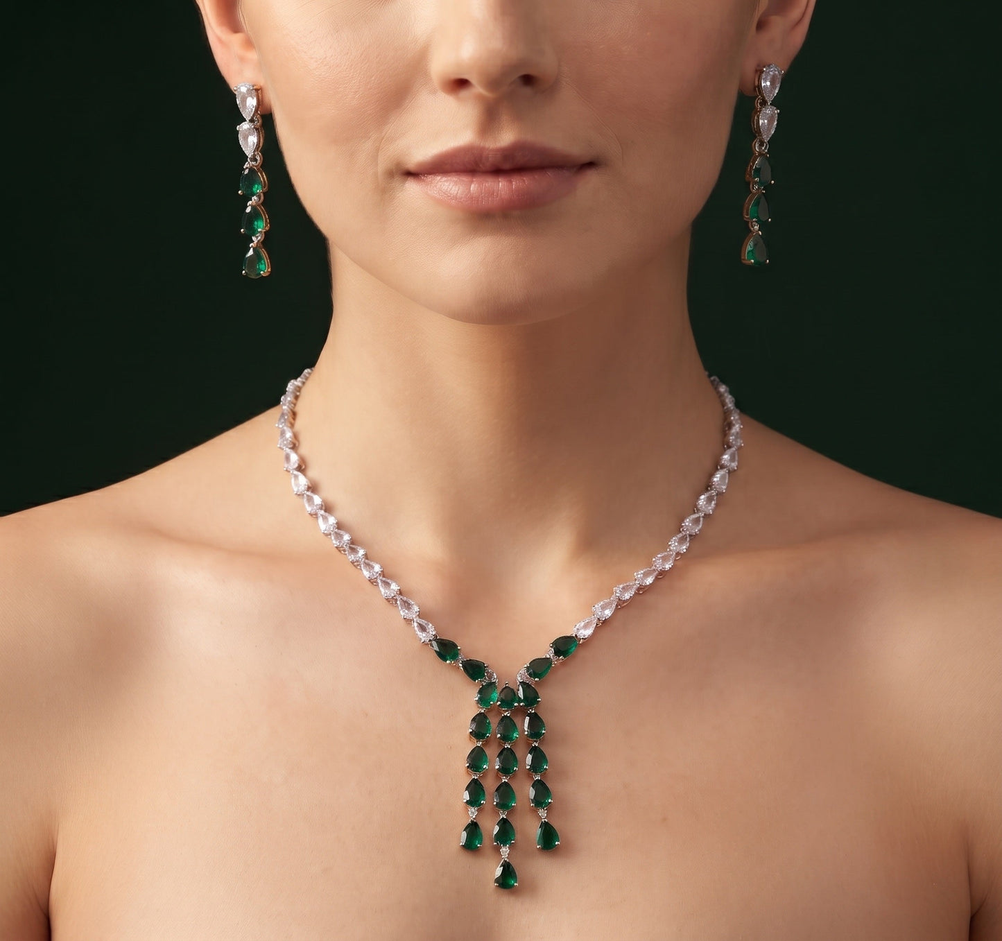 Silver Plated American Diamond With Green Ston Jewellery Set