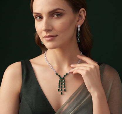 Silver Plated American Diamond With Green Ston Jewellery Set