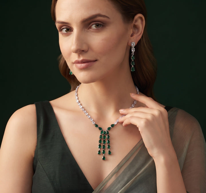 Silver Plated American Diamond With Green Ston Jewellery Set