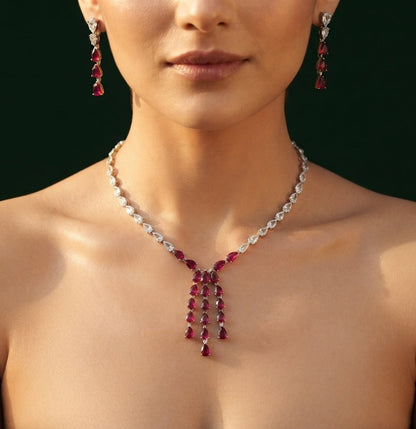Silver Plated American Diamond With Red Ston Jewellery Set