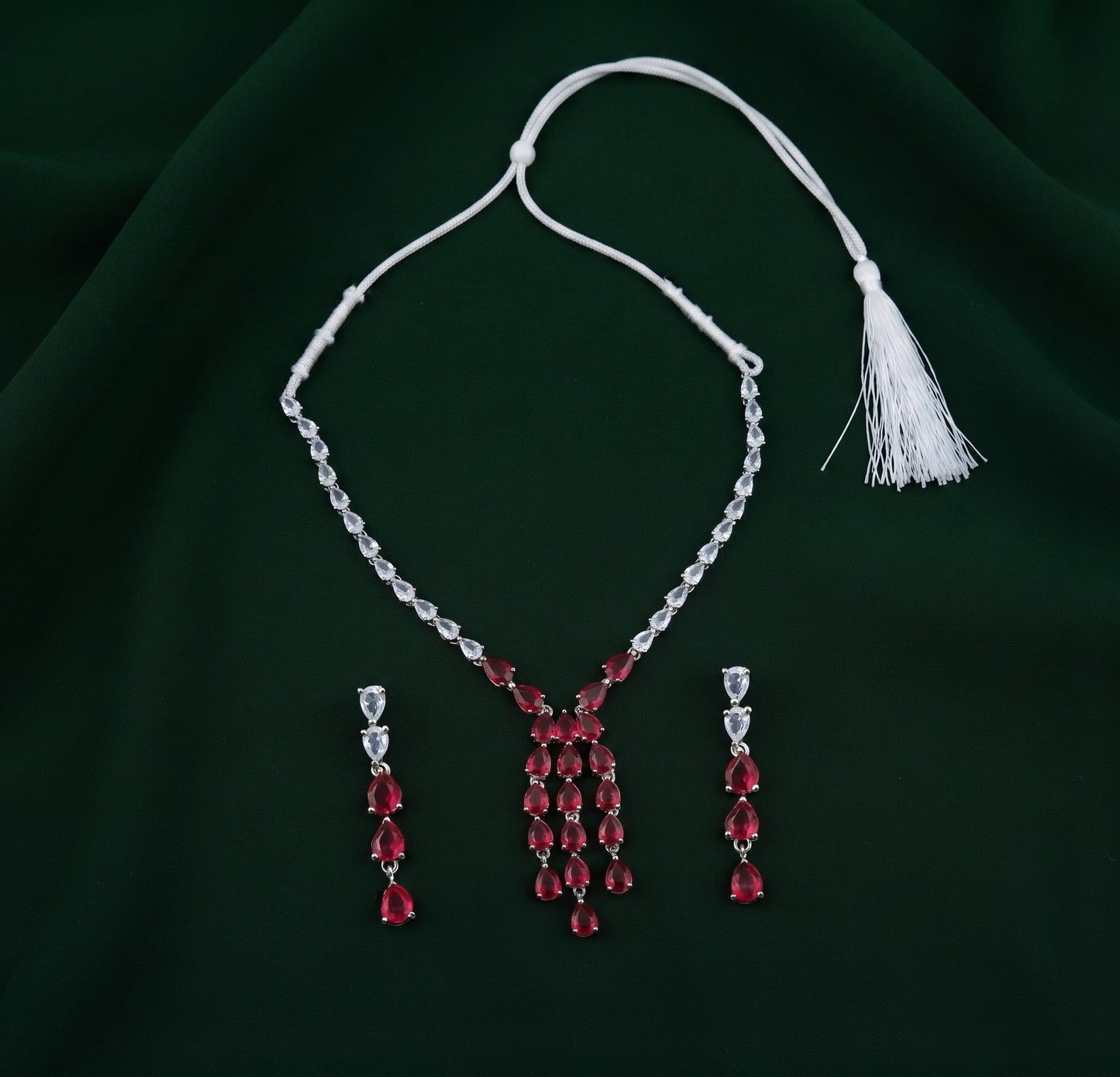 Silver Plated American Diamond With Red Ston Jewellery Set