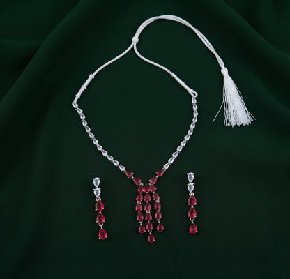 Silver Plated American Diamond With Red Ston Jewellery Set