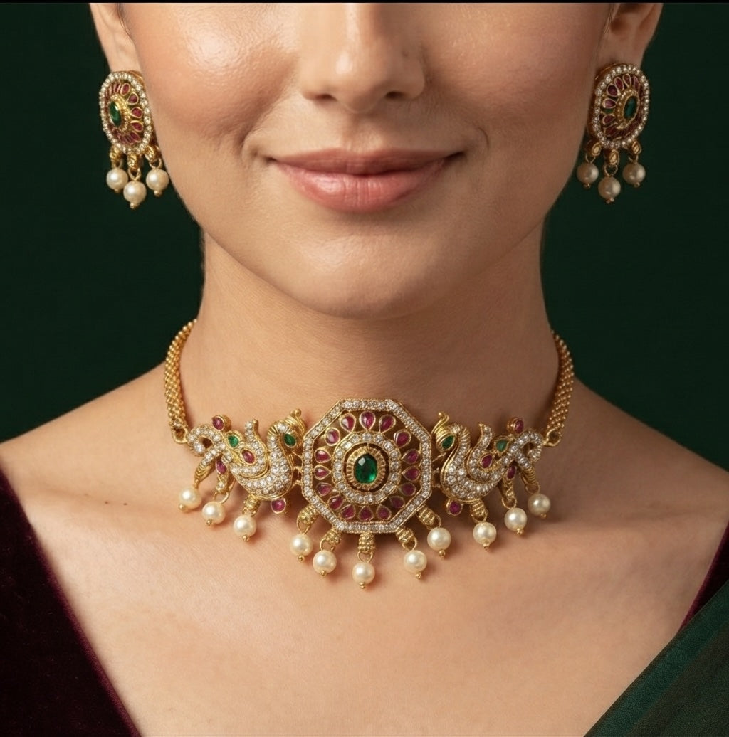 Gold Plated Pearls Choker Jewellery Set