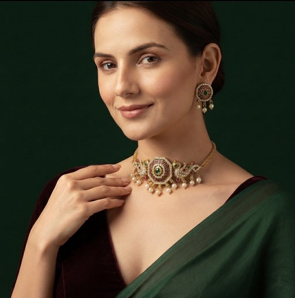 Gold Plated Pearls Choker Jewellery Set
