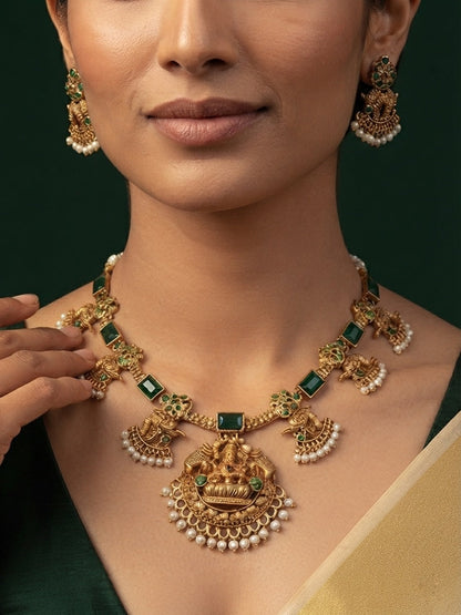 Gold-Toned Traditional Laxmi Mata Temple Jewellery Set