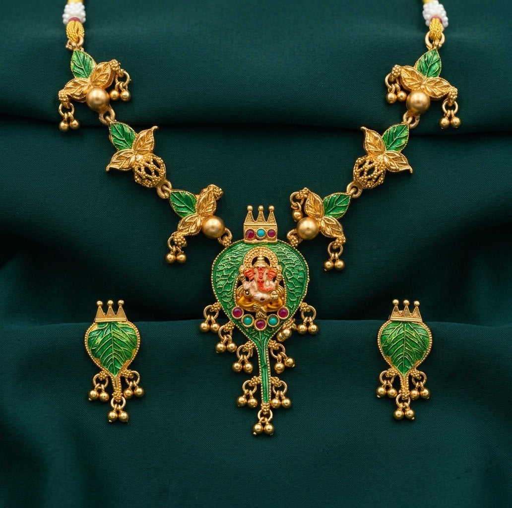 Gold Plated Leaf & Ganesha Traditional Jewellery Set