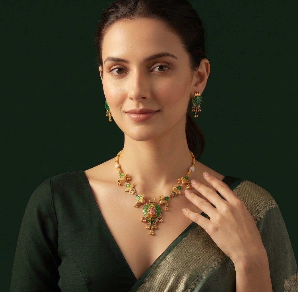 Gold Plated Leaf & Ganesha Traditional Jewellery Set