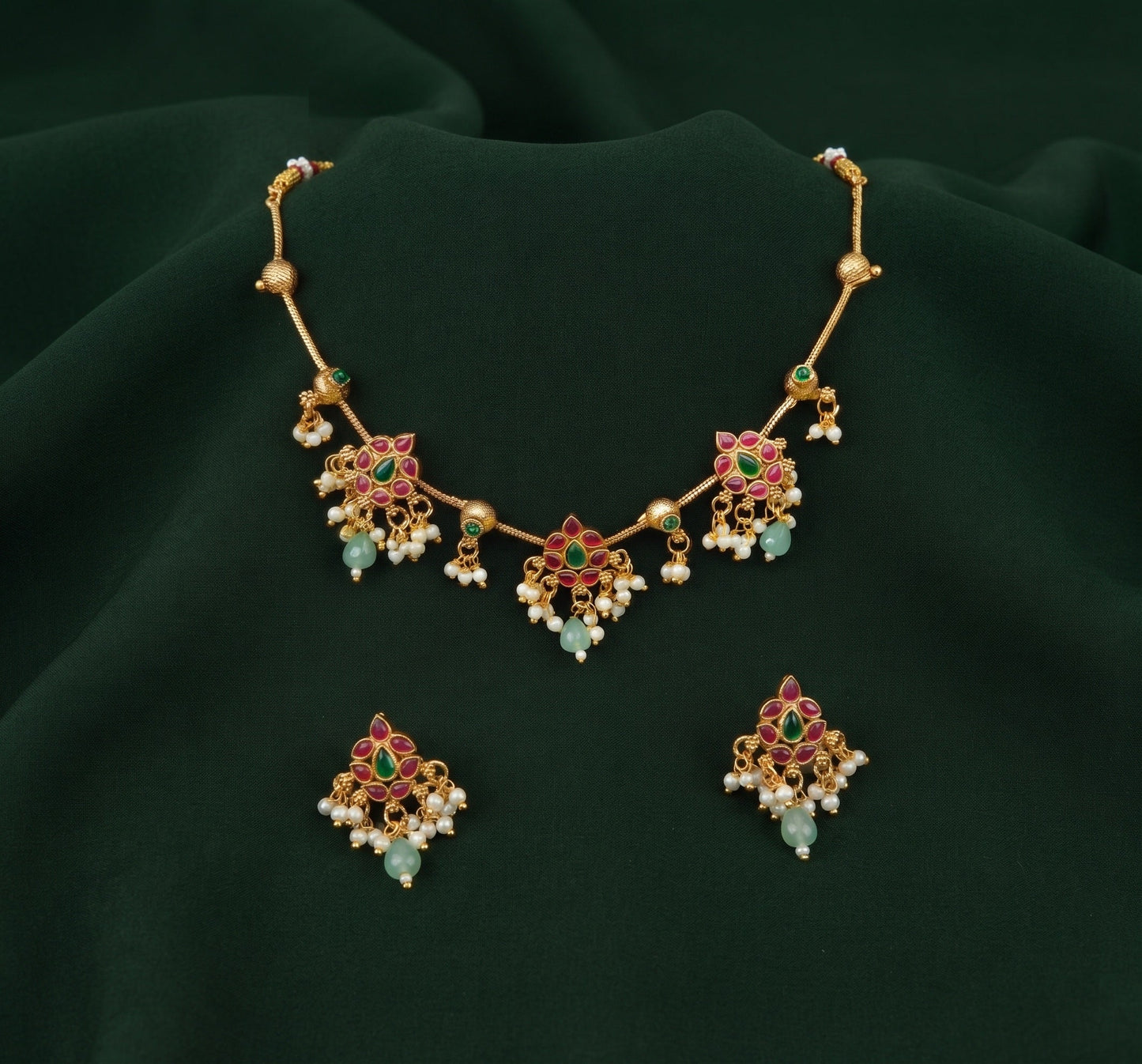 Gold-Toned Floral Necklace with Earrings Jewellery Set