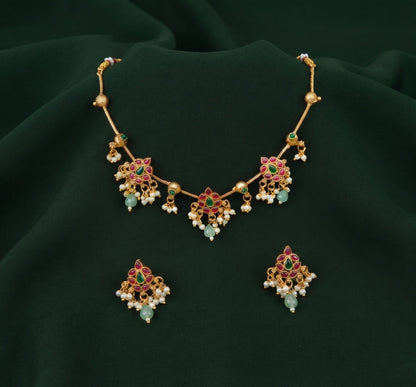 Gold-Toned Floral Necklace with Earrings Jewellery Set