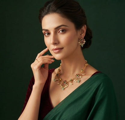 Gold-Toned Floral Necklace with Earrings Jewellery Set