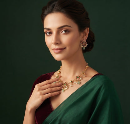 Gold-Toned Floral Necklace with Earrings Jewellery Set