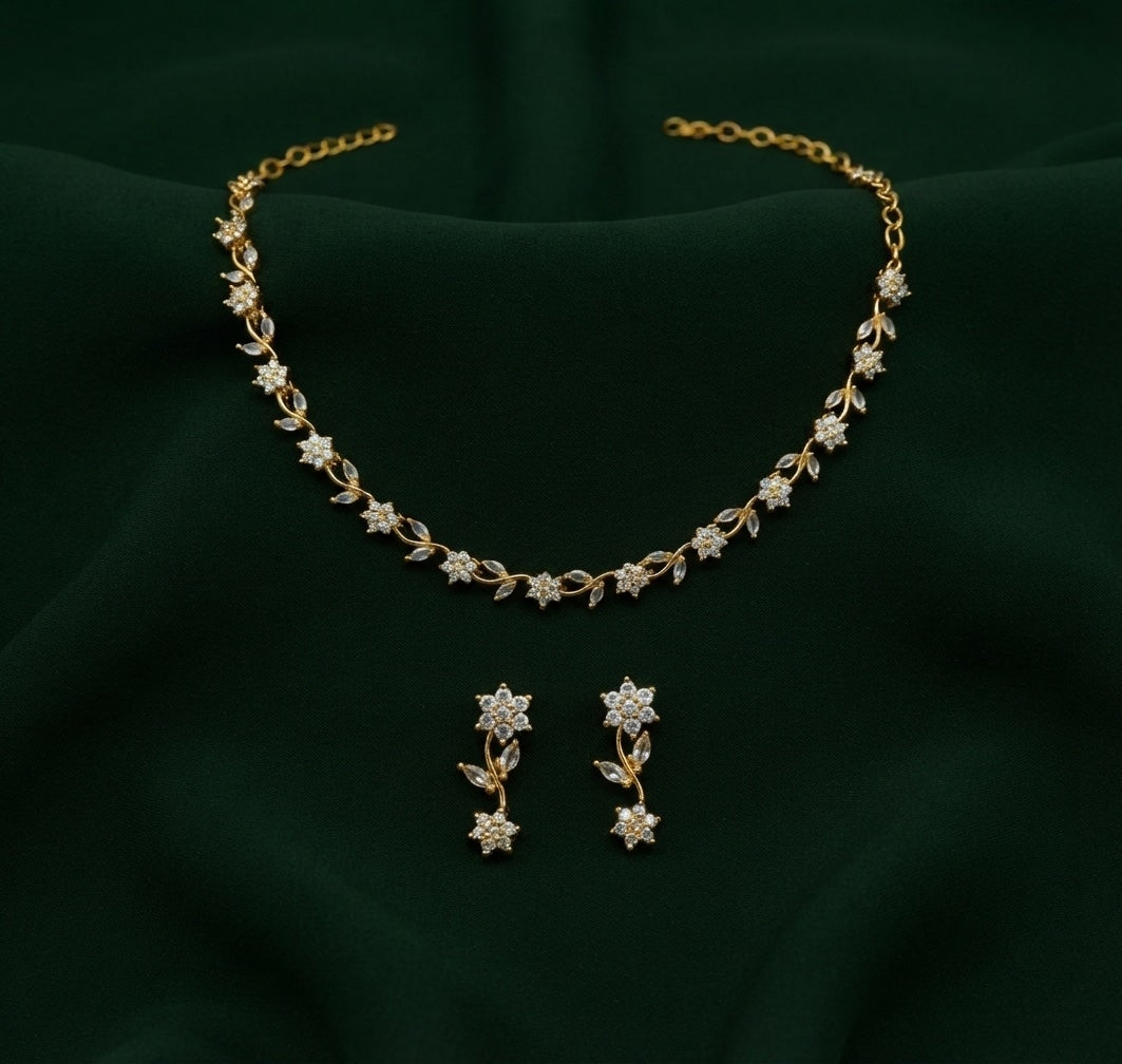 Gold Plated Trendy Floral Diamond Jewellery Set