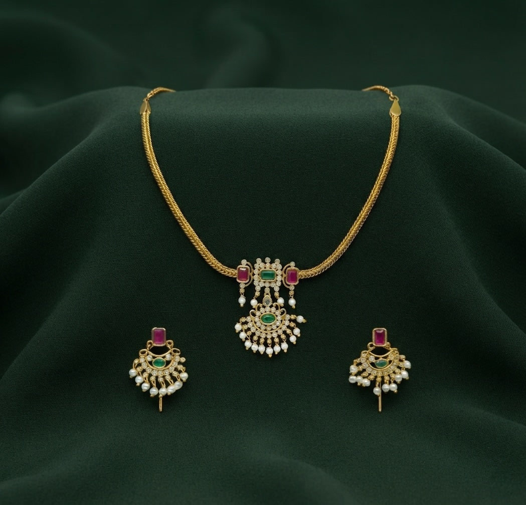 Gold-Toned Minimal Necklace with Earrings Jewellery Set