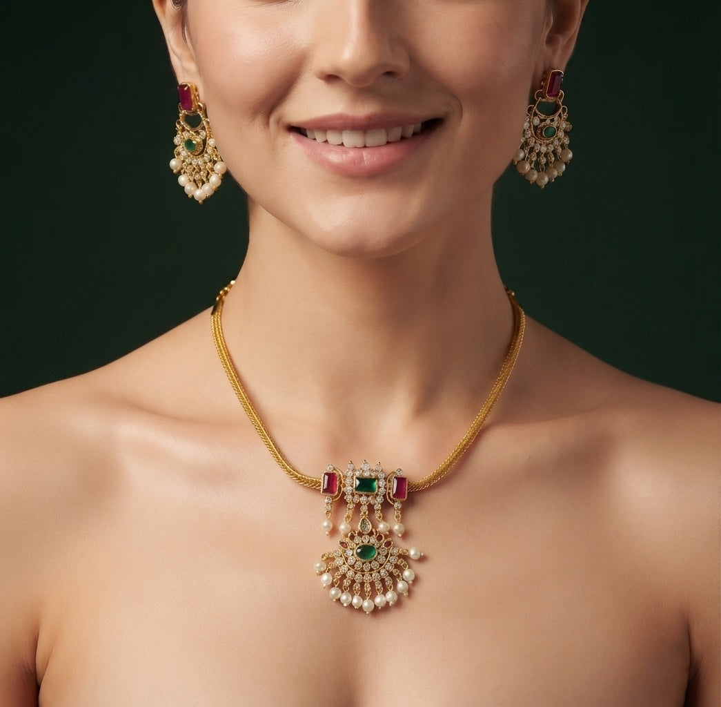 Gold-Toned Minimal Necklace with Earrings Jewellery Set