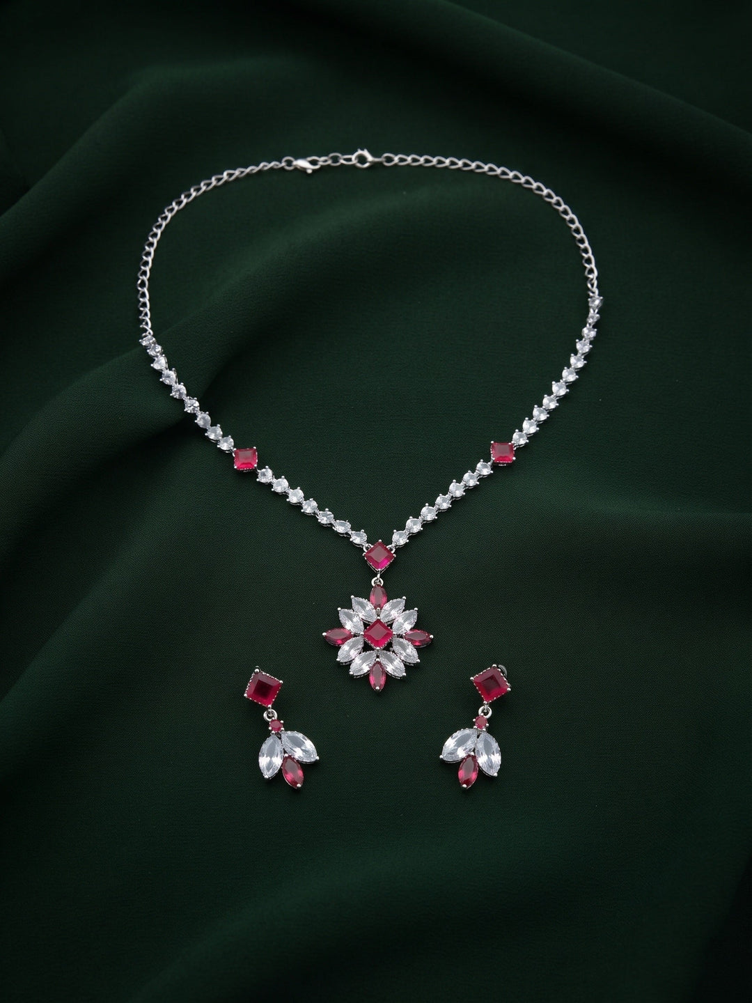 Silver Plated Fancy Stone &amp; Diamond Jewellery Set