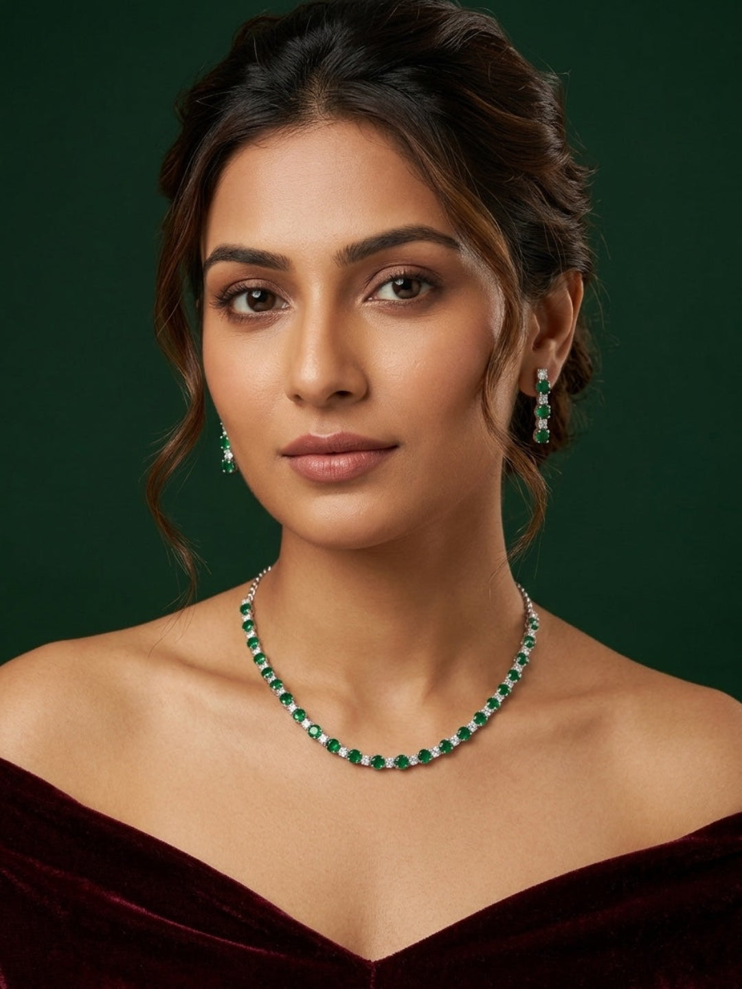 Green & Silver-Toned American Diamond Necklace and Earrings Set