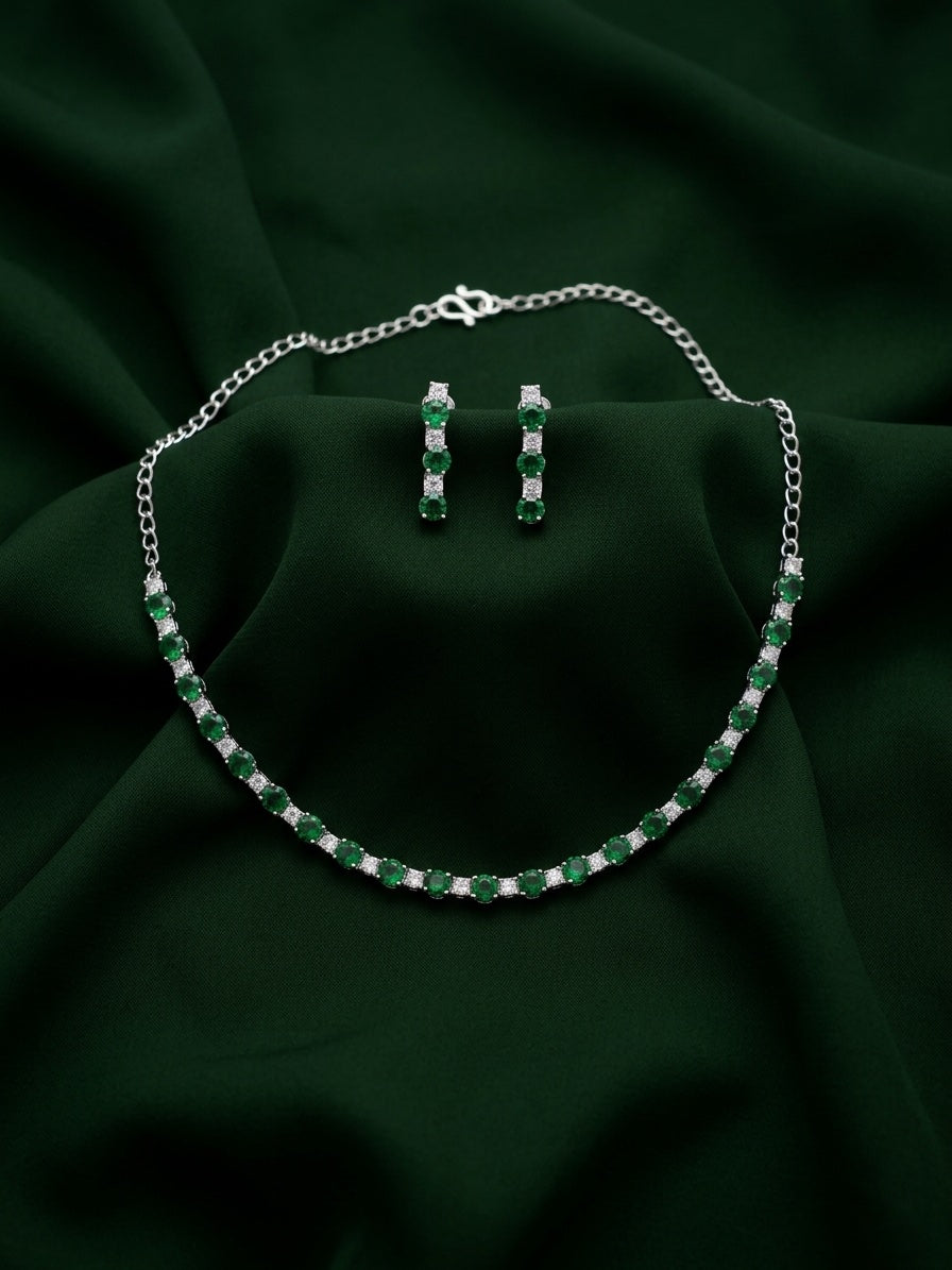 Green & Silver-Toned American Diamond Necklace and Earrings Set