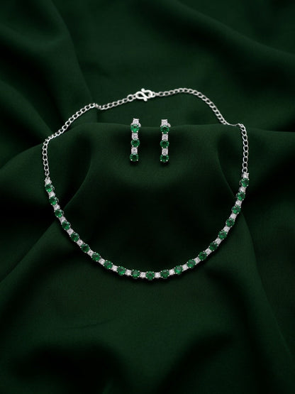 Green & Silver-Toned American Diamond Necklace and Earrings Set