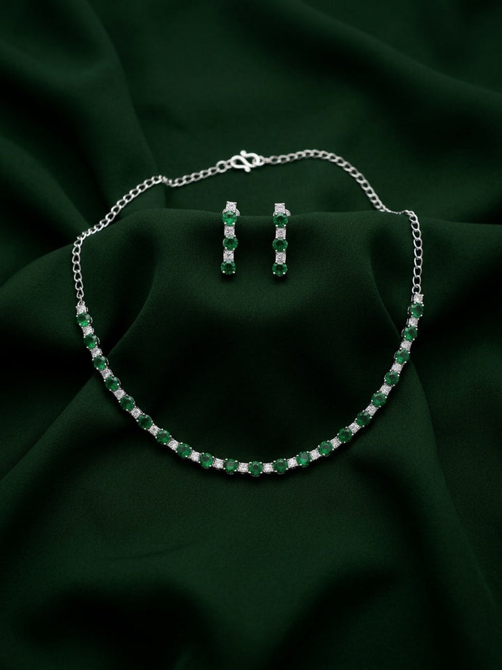 Green &amp; Silver-Toned American Diamond Necklace and Earrings Set