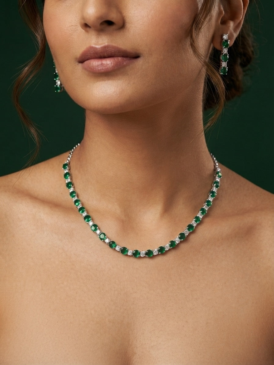 Green & Silver-Toned American Diamond Necklace and Earrings Set