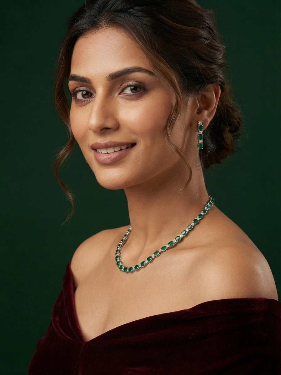 Green & Silver-Toned American Diamond Necklace and Earrings Set