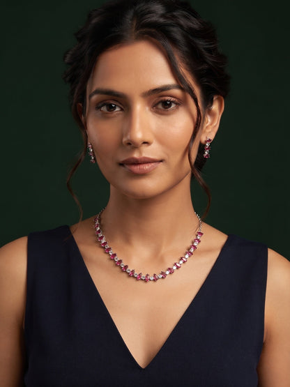 Wine & Silver-Toned American Diamond Necklace and Earrings Set