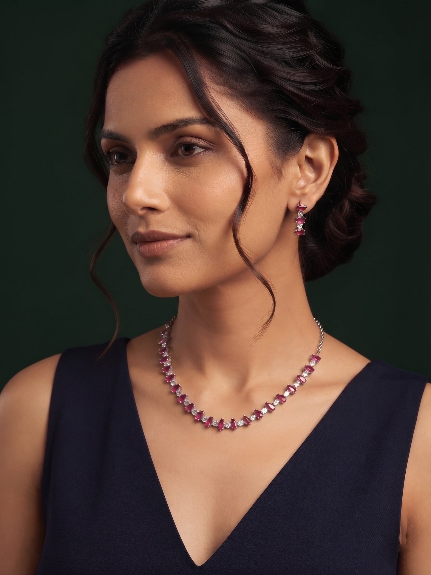 Wine & Silver-Toned American Diamond Necklace and Earrings Set