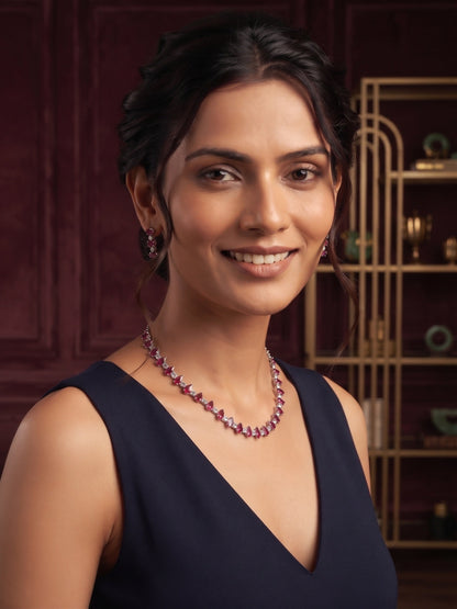Wine & Silver-Toned American Diamond Necklace and Earrings Set