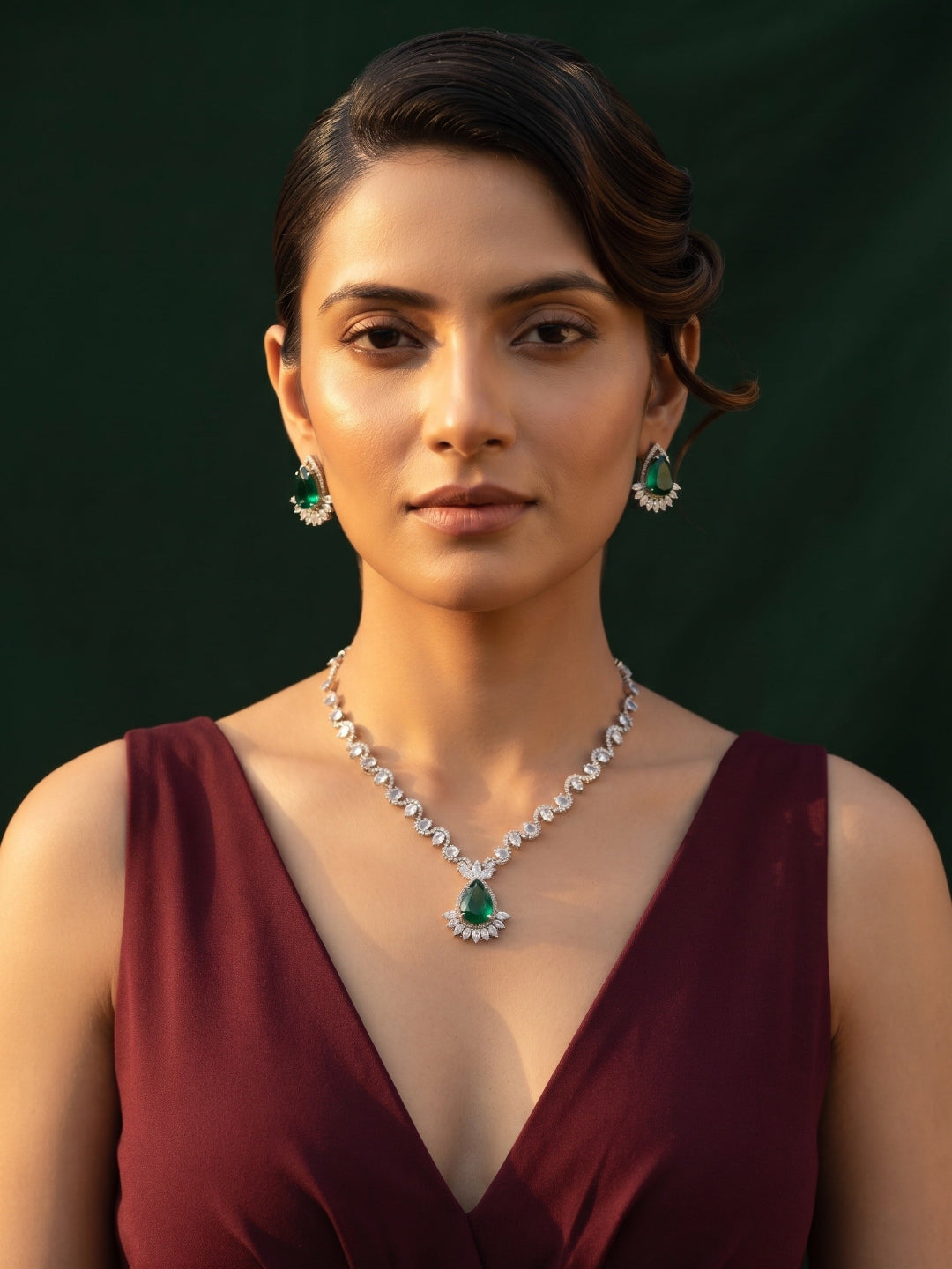 Green & Silver-Toned American Diamond Necklace and Earrings Set