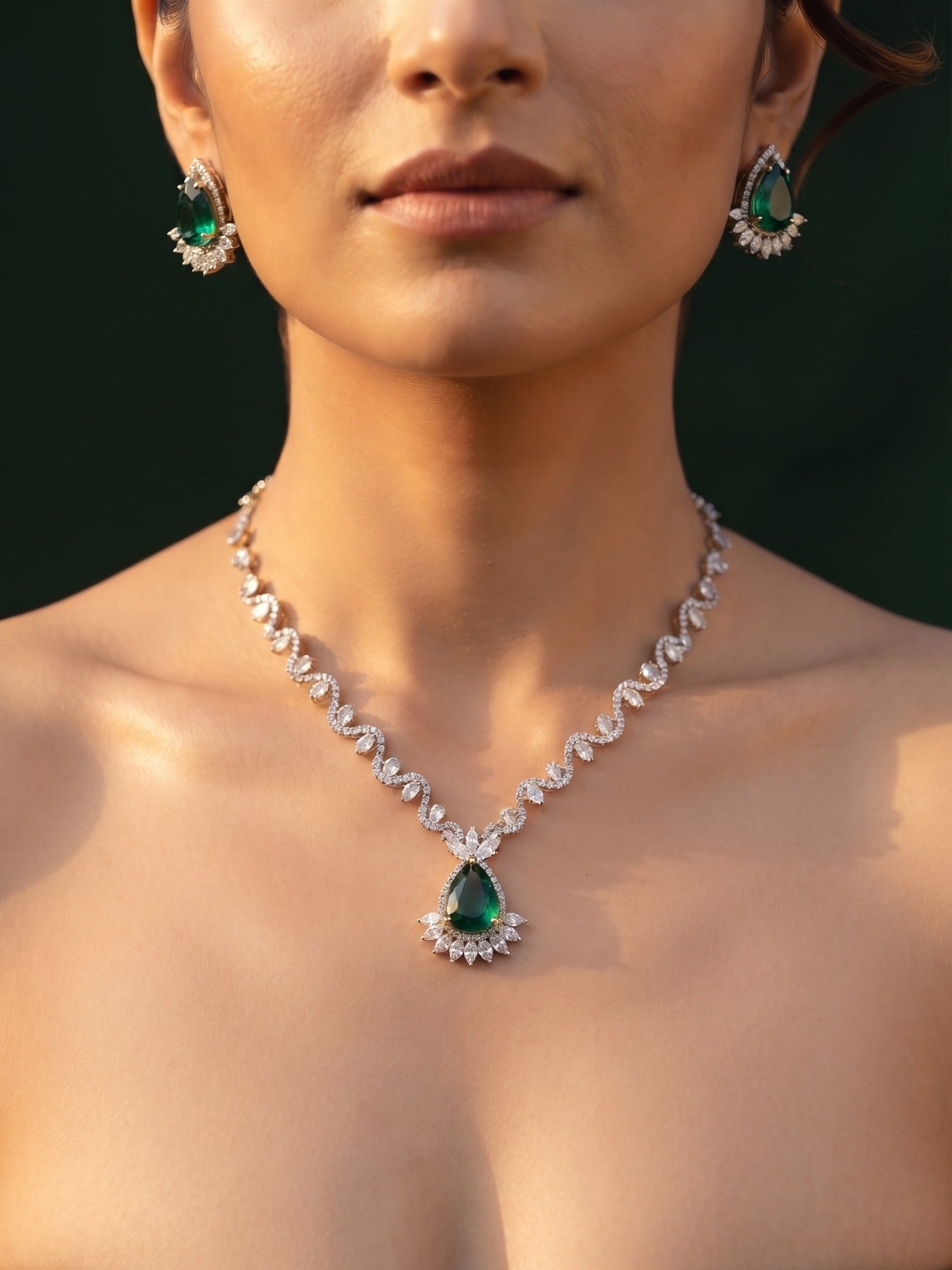Green & Silver-Toned American Diamond Necklace and Earrings Set