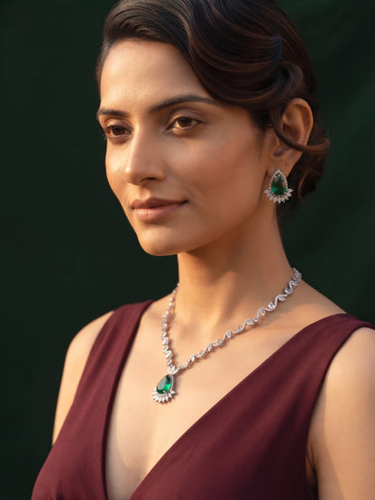 Green & Silver-Toned American Diamond Necklace and Earrings Set